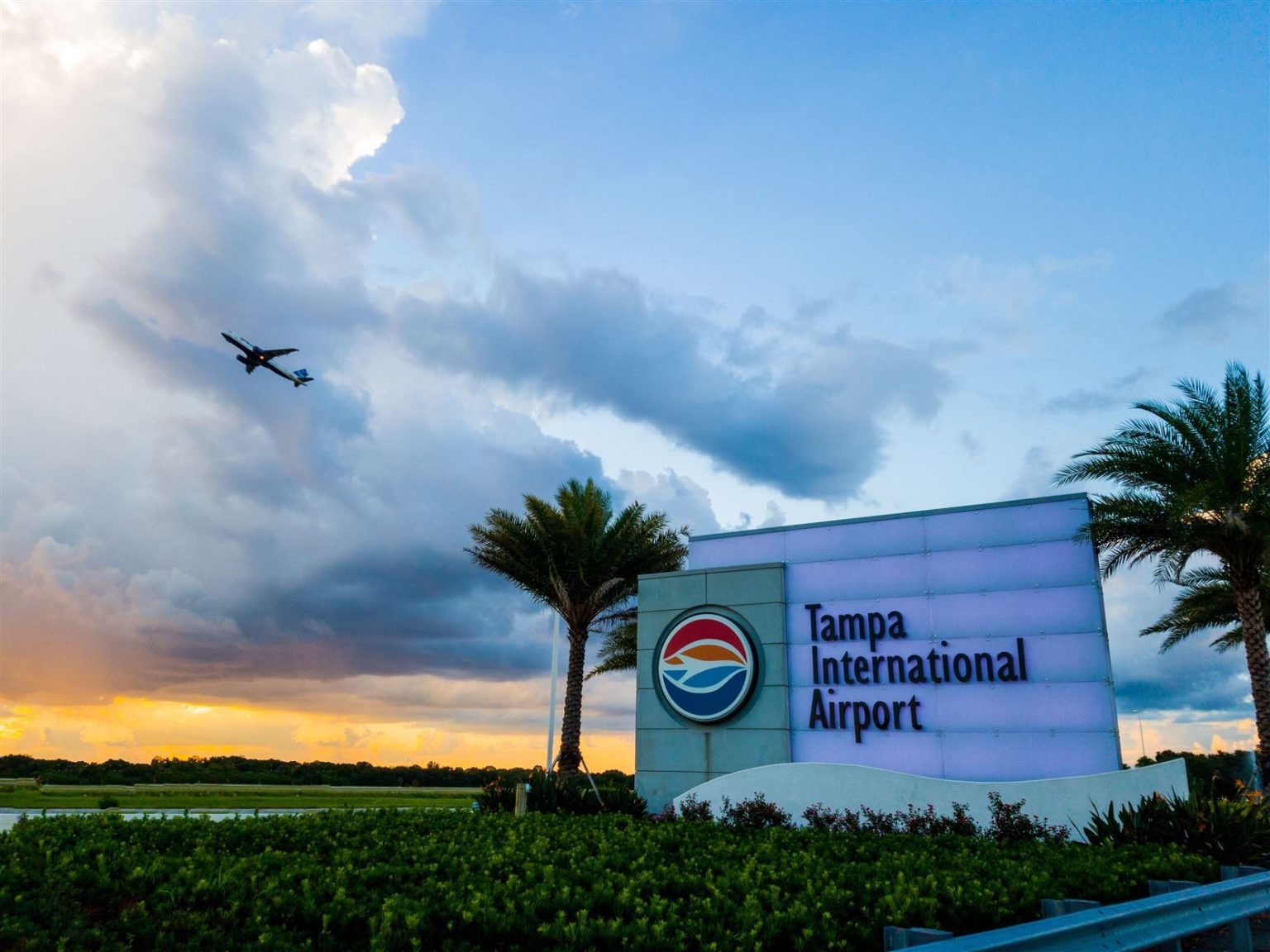 Tampa International Airport sign with airplane and palm trees