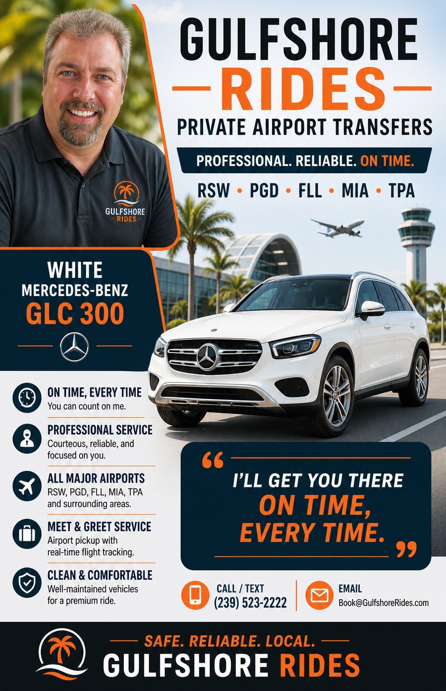 Gulfshore Rides private airport transfer service flyer with owner and white Mercedes-Benz GLC 300