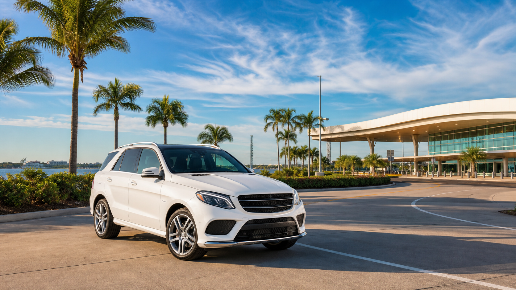 White Mercedes SUV private airport transportation for Marco Island to Tampa Airport Private Transfer