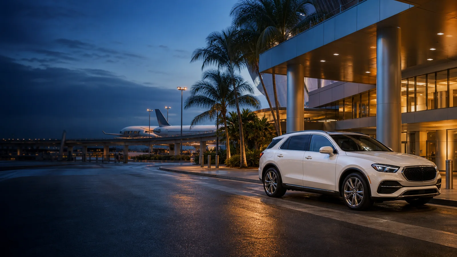 White private SUV at a tropical international airport terminal at blue hour