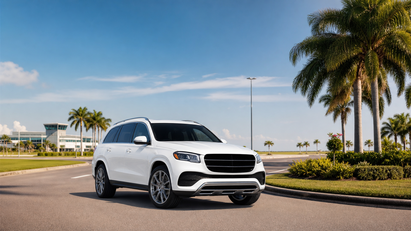 White Mercedes SUV private airport transportation for airport rides with car seats Southwest Florida