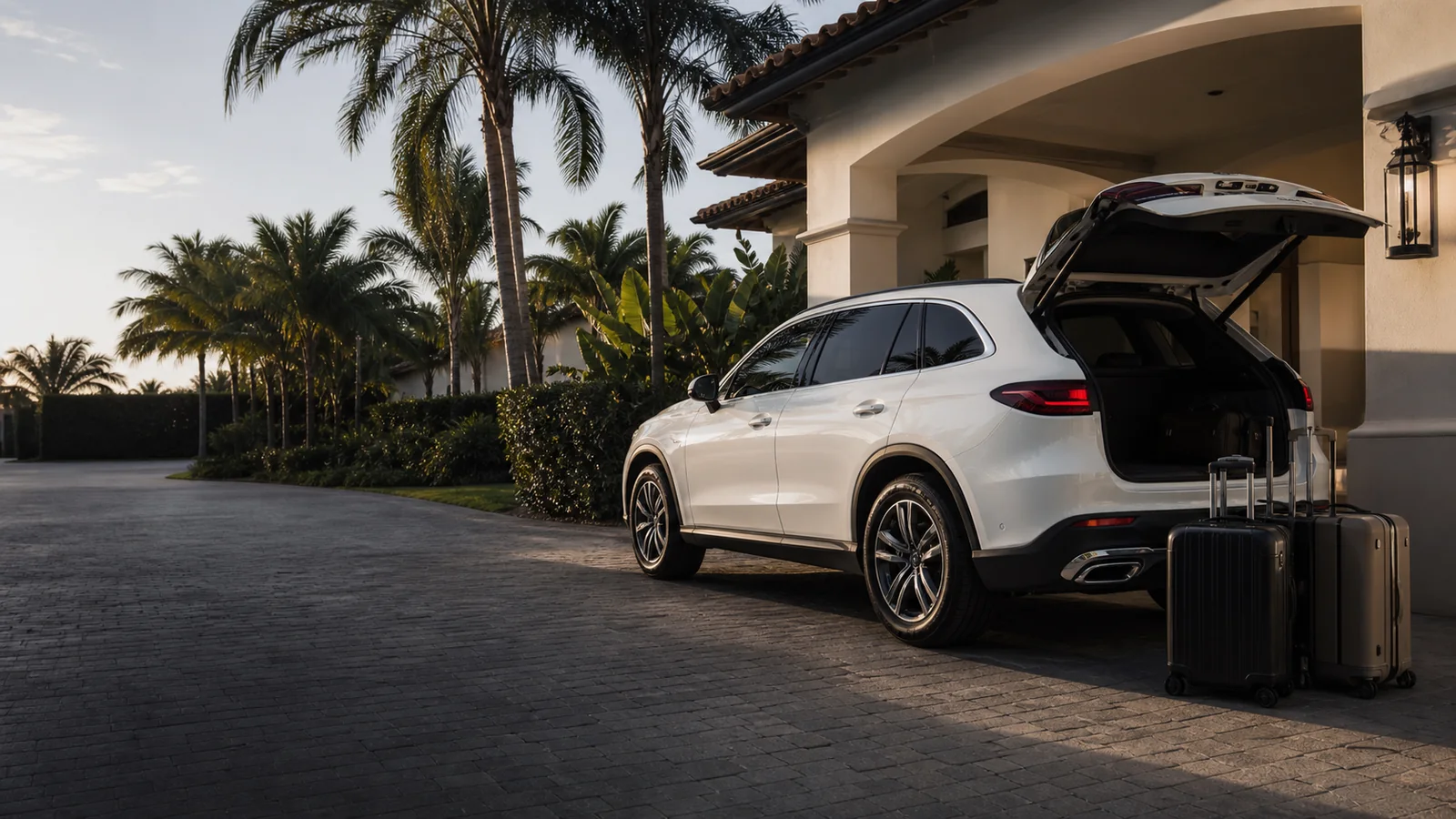 White private SUV with travel luggage at a Southwest Florida residential pickup